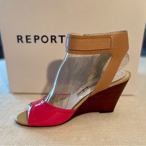 Report Hot Pink and Tan Leather Ankle-Strap Wedge NWT